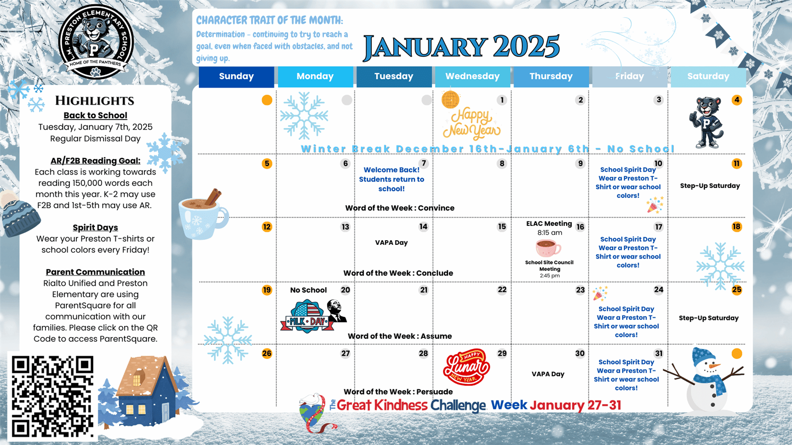   Preston Elementary January Calendar